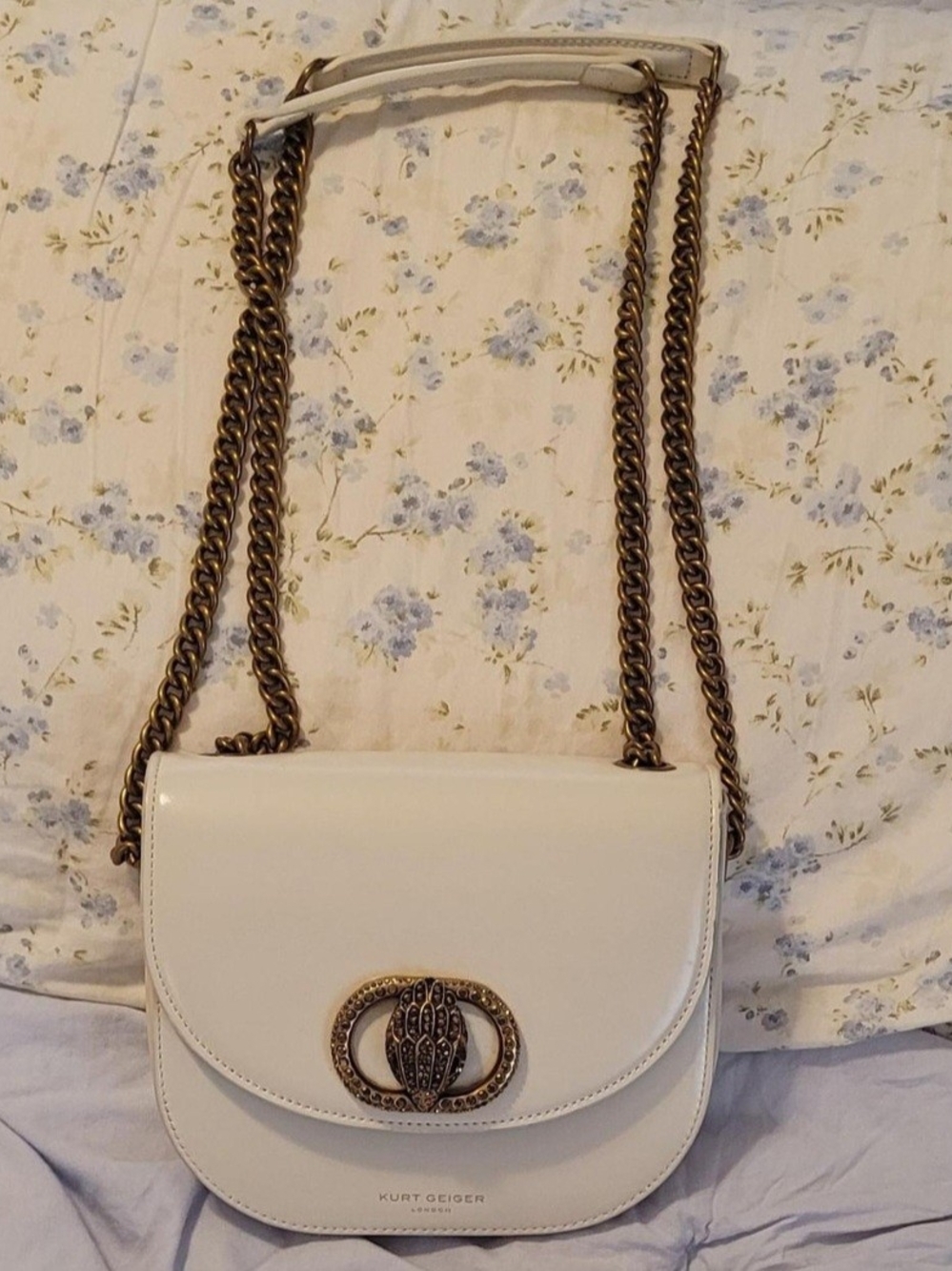 Kurt Geiger Cream-White Leather Crossbody with Antique Brass Chain